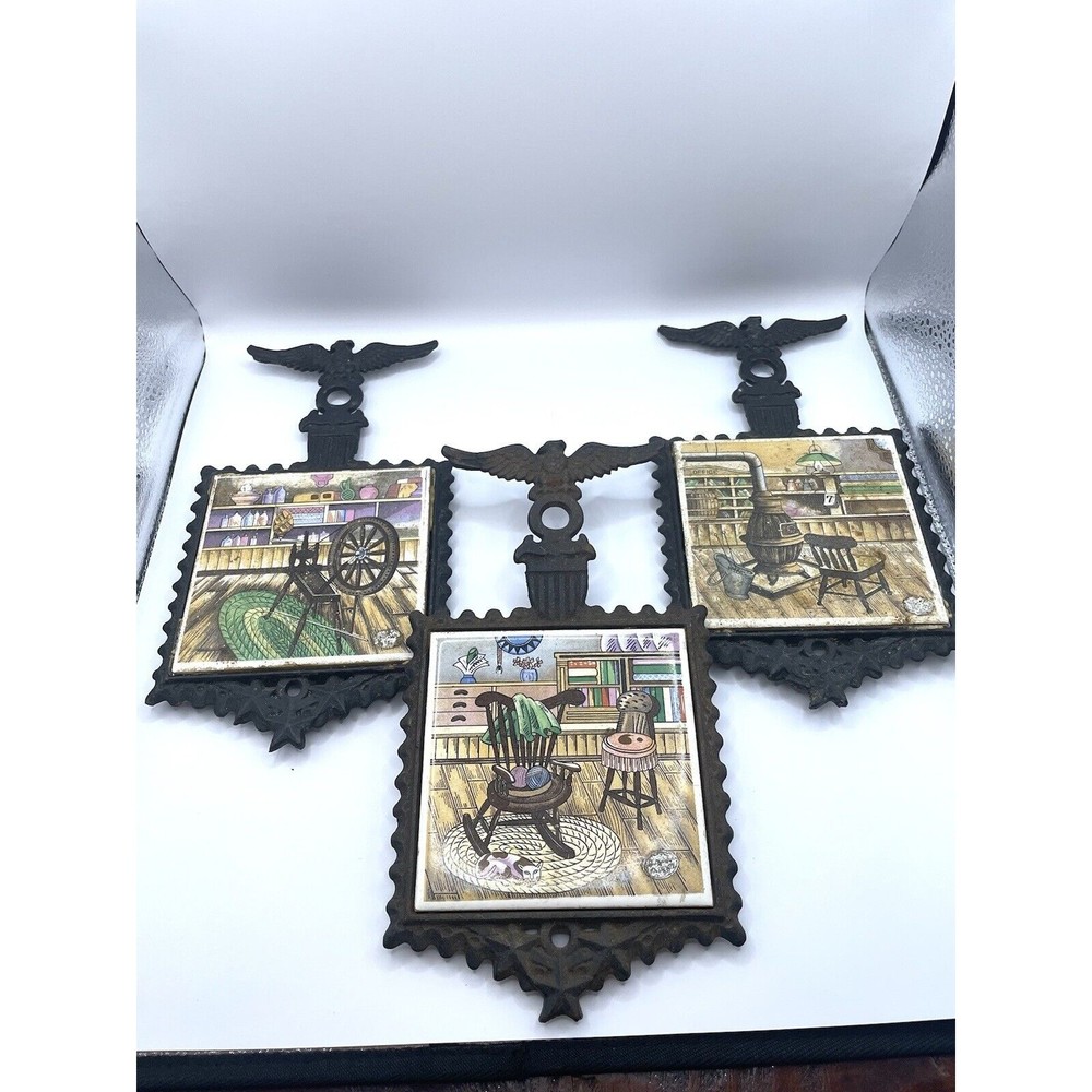 Vintage Eagle Cast Iron Trivets With Hand Painted Tiles Made In Japan